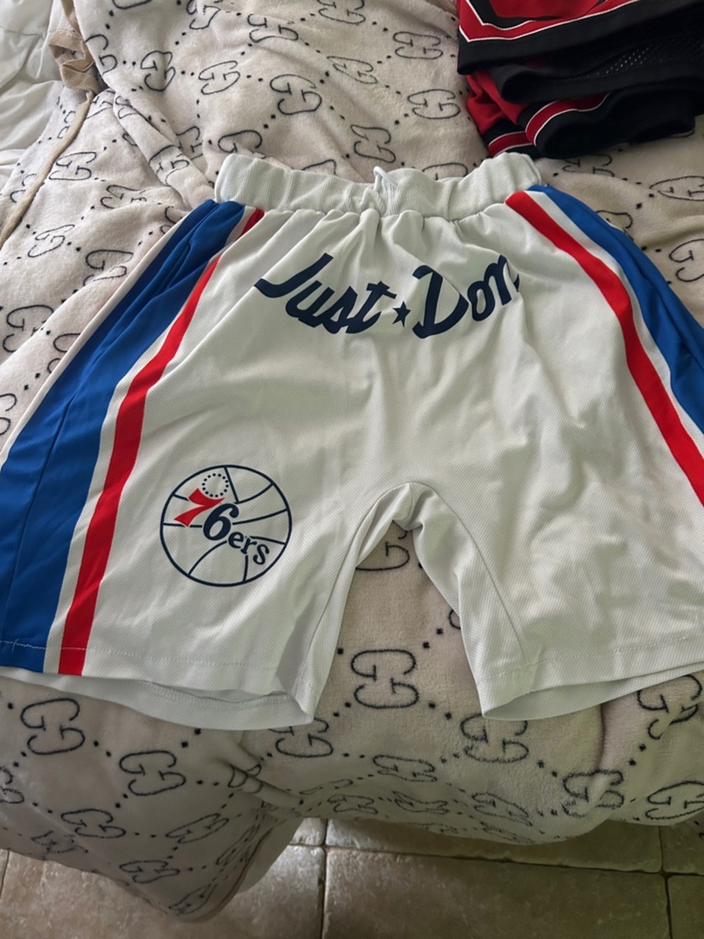 Just Don White Basketball Shorts with Red & Blue Side Stripes